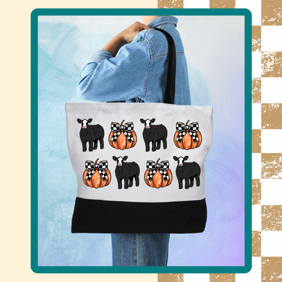 Show Livestock Fall Pumpkin Checkered Bow Coquette Tote